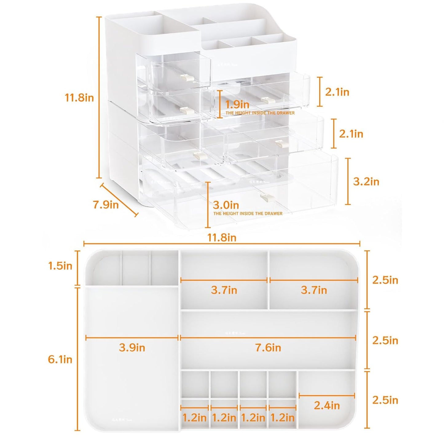 White Makeup Organizer With Drawers,Large Skincare Organizers for Countertop,Desk,Dresser,Plastic Bathroom Counter Organizer for Brush,Palettes,Perfume,Beauty Products Organization,Skin Care Storage