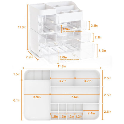 White Makeup Organizer With Drawers,Large Skincare Organizers for Countertop,Desk,Dresser,Plastic Bathroom Counter Organizer for Brush,Palettes,Perfume,Beauty Products Organization,Skin Care Storage
