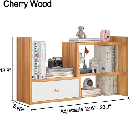 Expandable Wood Desktop Bookshelf, Freestyle Adjustable Wood Display Desk Shelf Counter Storage Rack Top Bookcase for Office & Home (White)