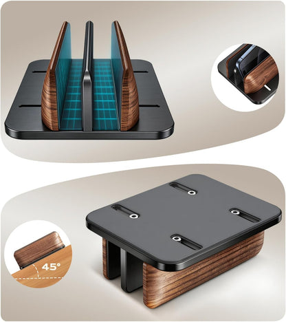 LOXP Vertical Laptop Stand, [Dual Slot Wooden + Aluminum Laptop Holder], Desktop Adjustable MacBook Stand, Adjustable Base, for MacBook Pro/Air, (up to 17.3-inch All laptops)