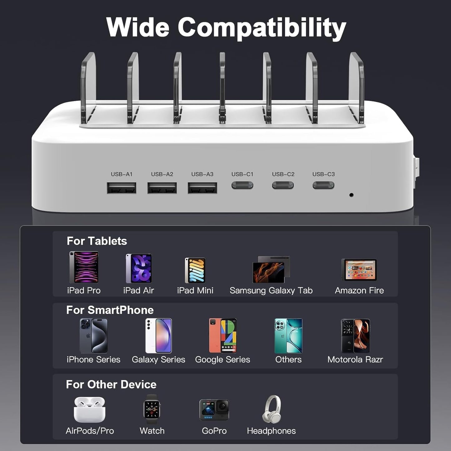 MSTJRY 90W 6-Port USB C Fast Charging Station for Multiple Devices, Multi PD Charger Station for iPhone iPad Tablet Phone, Charging Dock Organizer with Adjustable Dividers for Home Office Classroom