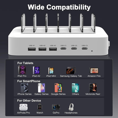 MSTJRY 90W 6-Port USB C Fast Charging Station for Multiple Devices, Multi PD Charger Station for iPhone iPad Tablet Phone, Charging Dock Organizer with Adjustable Dividers for Home Office Classroom