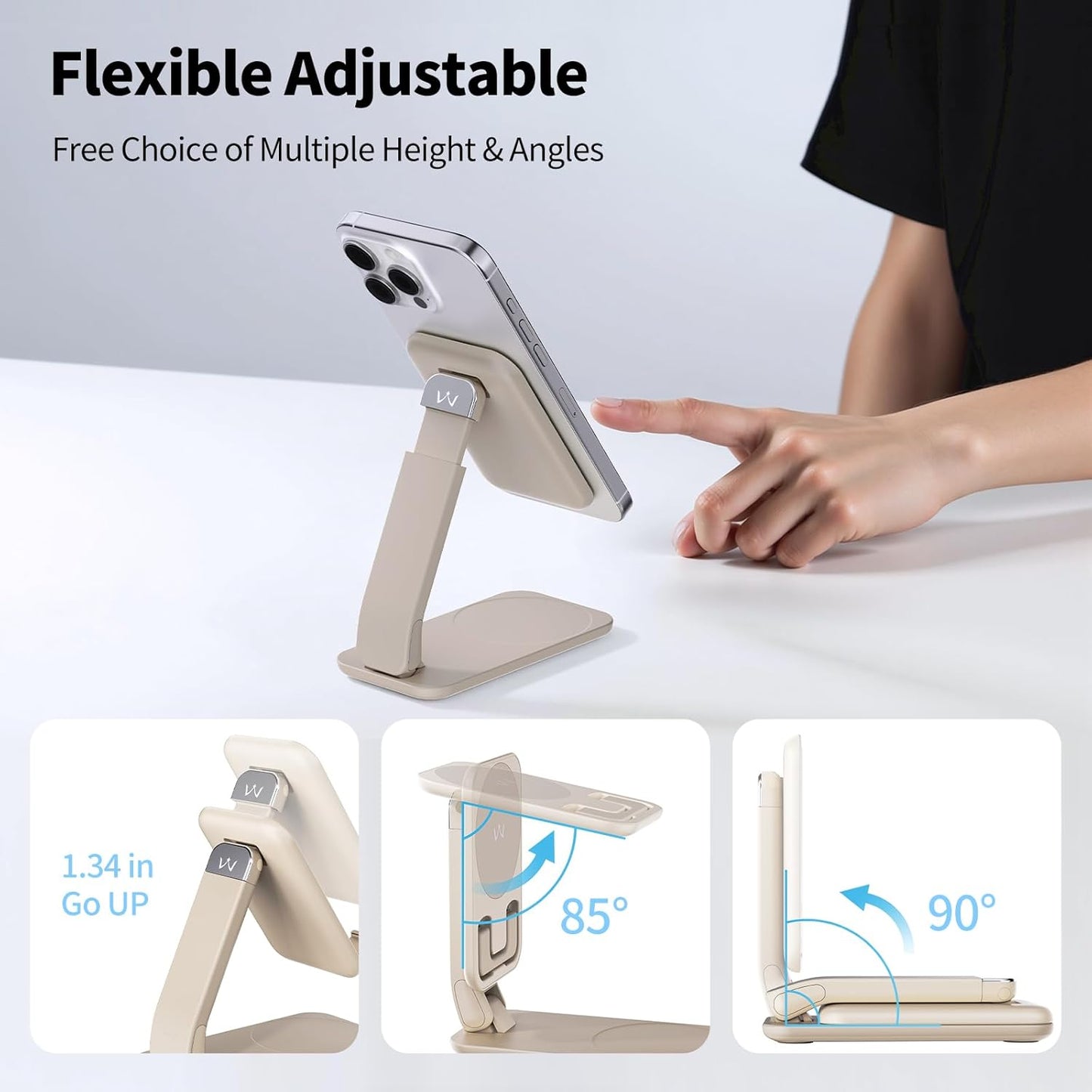 iWALK Magnetic Cell Phone Stand for Desk, Angle and Height Adjustable Mobile Phone Holder, Foldable Magnet Stand for iPhone 17 16 15 14 13 12 Pro Max and iPad, Cell Phone Holder for Samsung, White