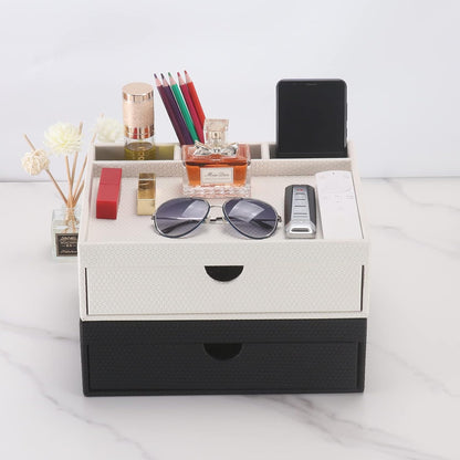 Leather Desk Organizer With Drawers, Home Cosmetics & Phone Remote Organizer, Drawer Plus Divider & Tray (white)