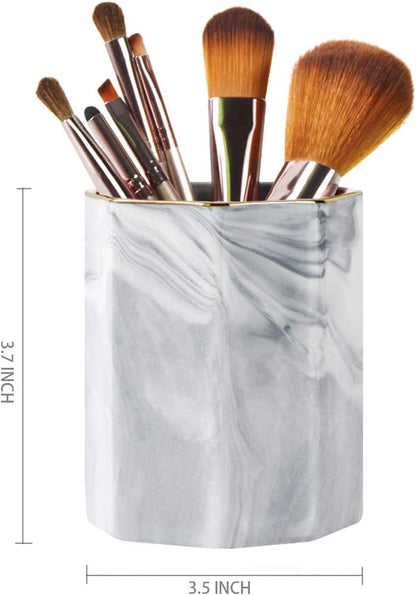 WAVEYU Ceramic Pen Holder for Desk Cute, Pencil Cup Pot Desk Organizer, Makeup Brush Holder for Women, Men, Kids, Desk Marble Decor for Office, Classroom, Home, Gray Golden