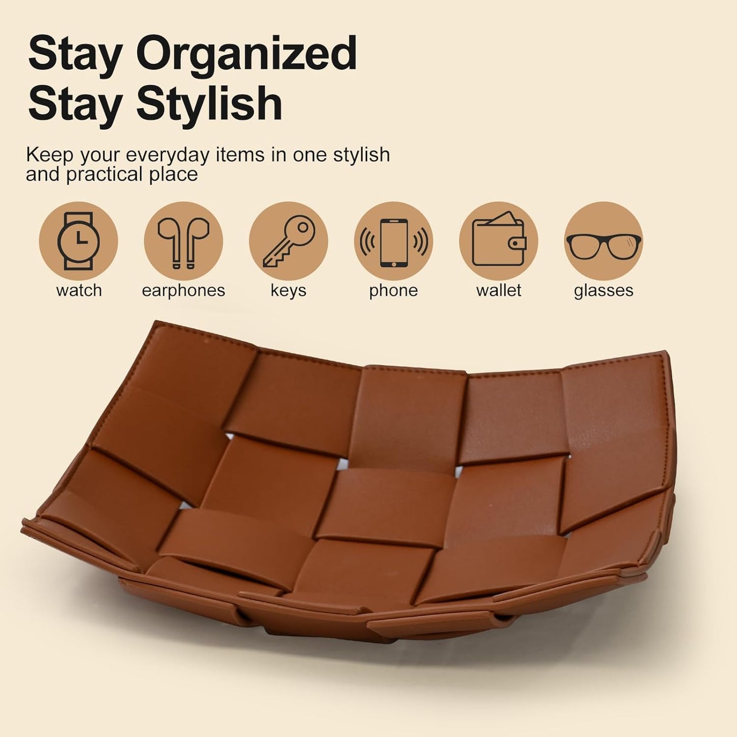 Valet Tray PU Leather Key Holder Bowl for Men Entryway Table Nightstand Desk Tray for Wallet, Keys Men's Gift - Brown & Black, 9.8" L x 9.8" W x 2" H