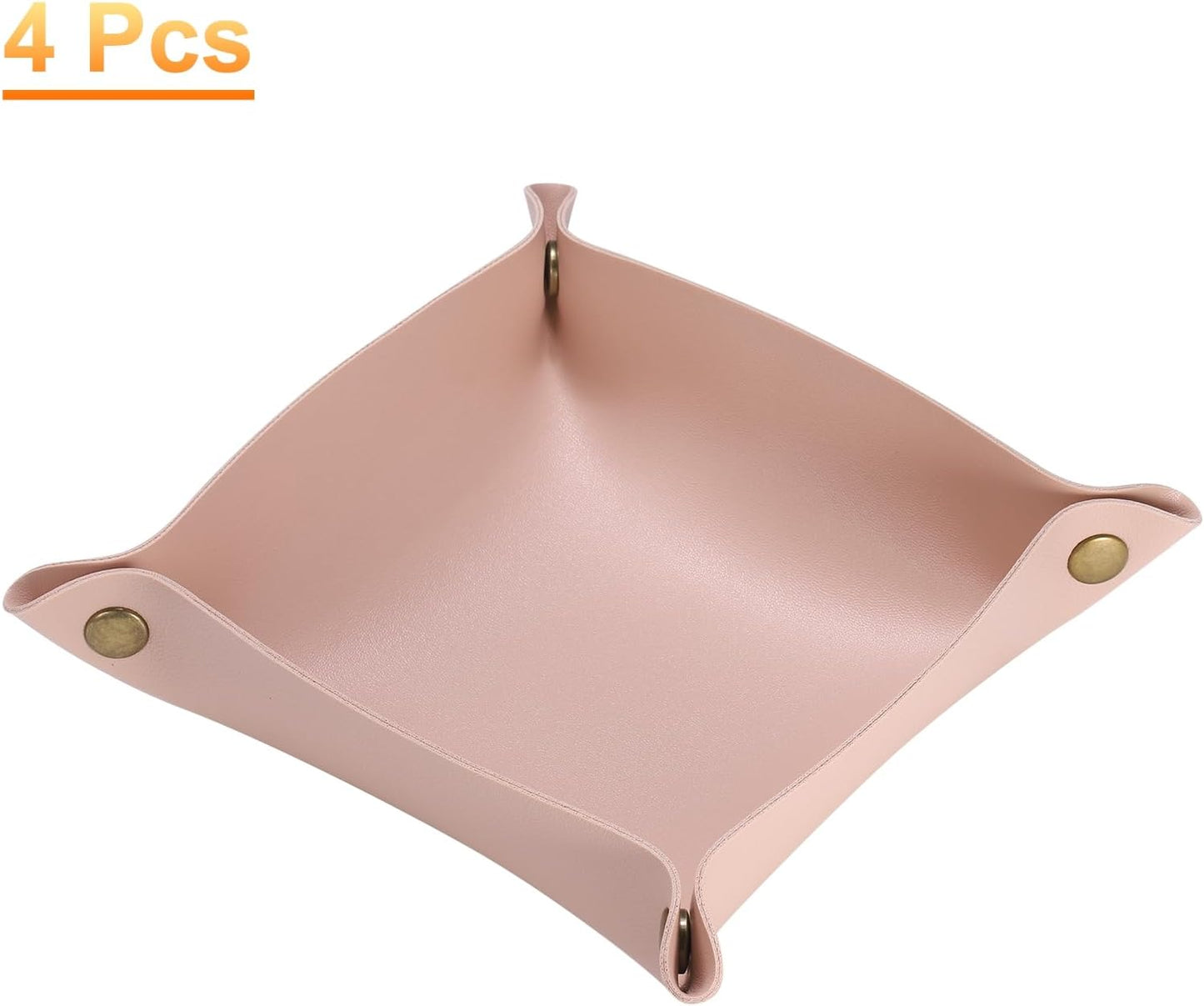 HARFINGTON 4pcs PU Leather Valet Tray Unisex Folding Small Catchall Tray Portable Entryway Table Tray Nightstand Bedside Desk Tray for Key Wallet Watch Coin Jewelry Dice, Pink