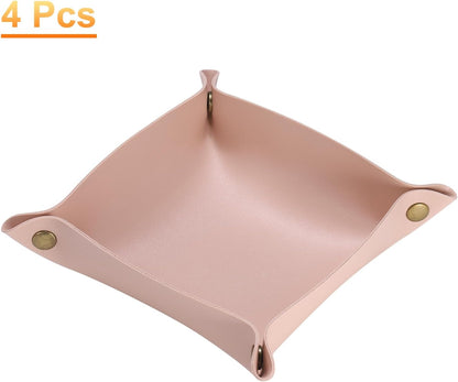 HARFINGTON 4pcs PU Leather Valet Tray Unisex Folding Small Catchall Tray Portable Entryway Table Tray Nightstand Bedside Desk Tray for Key Wallet Watch Coin Jewelry Dice, Pink