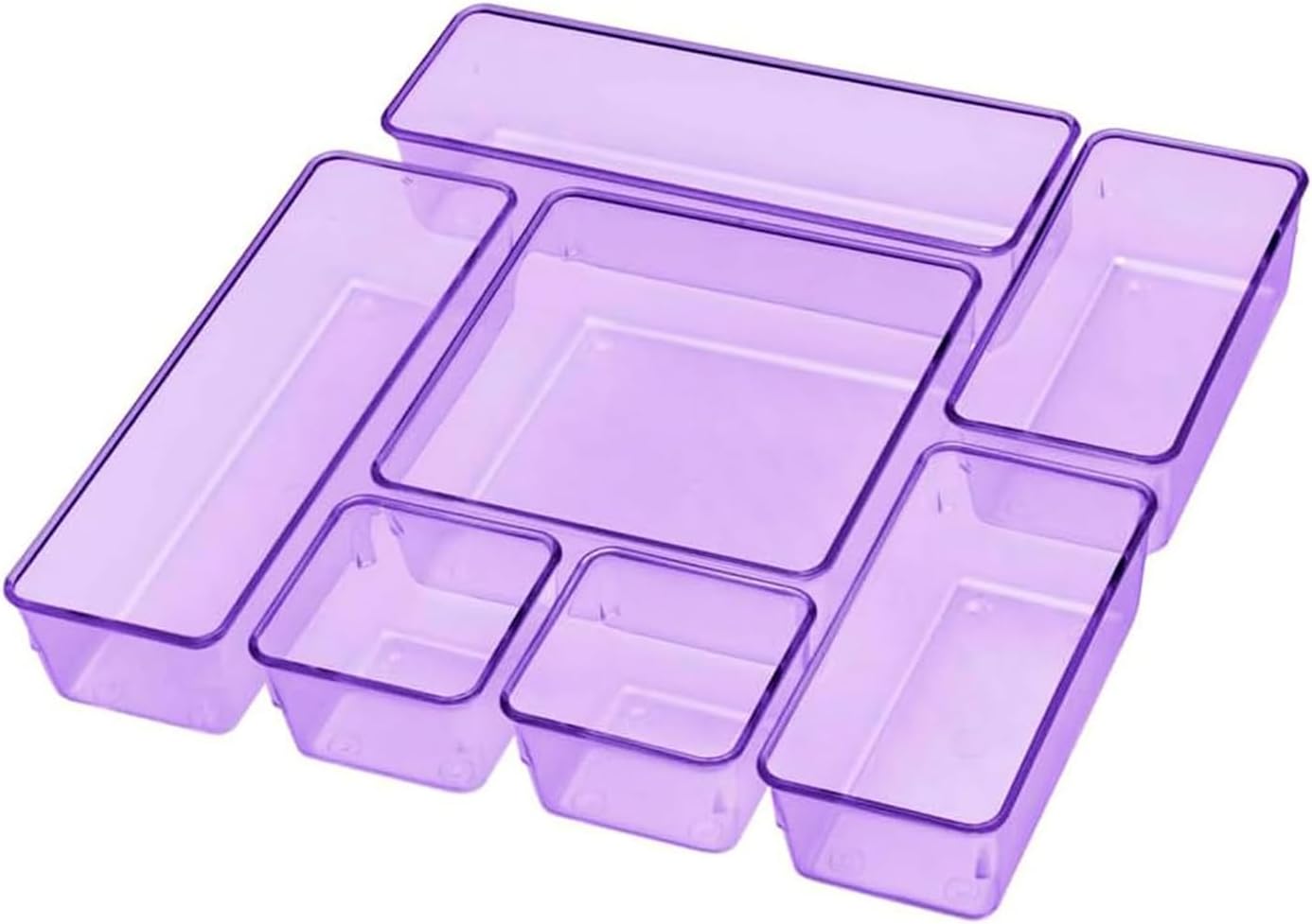 Acrimet Drawer Organizer Modular, Box Tray Storage Bins for Office, Home, Makeup, Kitchen, Junk Drawer (7 Units - 4 Sizes) (Clear Purple Plastic)