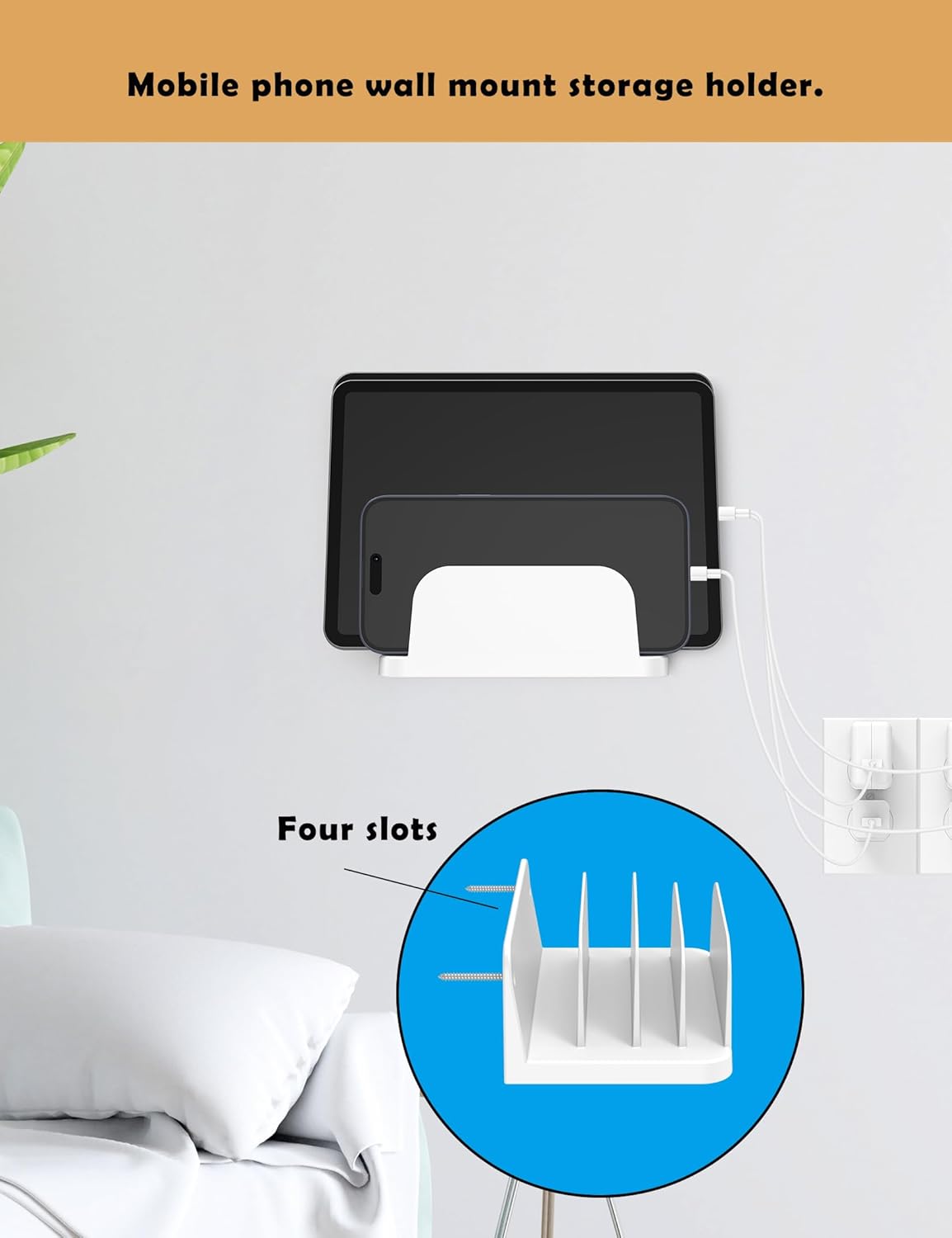 Phone Wall Mount Storage Organizer, Compatible with iPhone and Android, Holds Four Phones or Tablets at Once Charging Holder Station Fit for ipad, Kindle and More (Black)