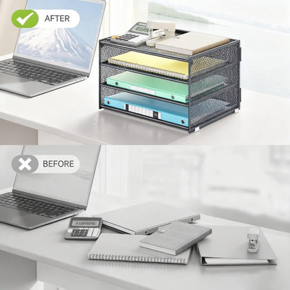 Lavatino 3-Tier Letter Tray Desk Paper Organizer – Black Mesh Metal File Tray Organizer for Desk, Office Supplies & Home Organization | Fits A4/Letter Paper, Mail, Magazines and Office Accessories