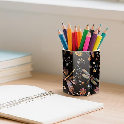 WAVEYU Ceramic Pen Holder for Desk Cute, Pencil Cup Pot Desk Organizer, Makeup Brush Holder for Women, Men, Kids, Desk Marble Decor for Office, Classroom, Home, Gray Golden