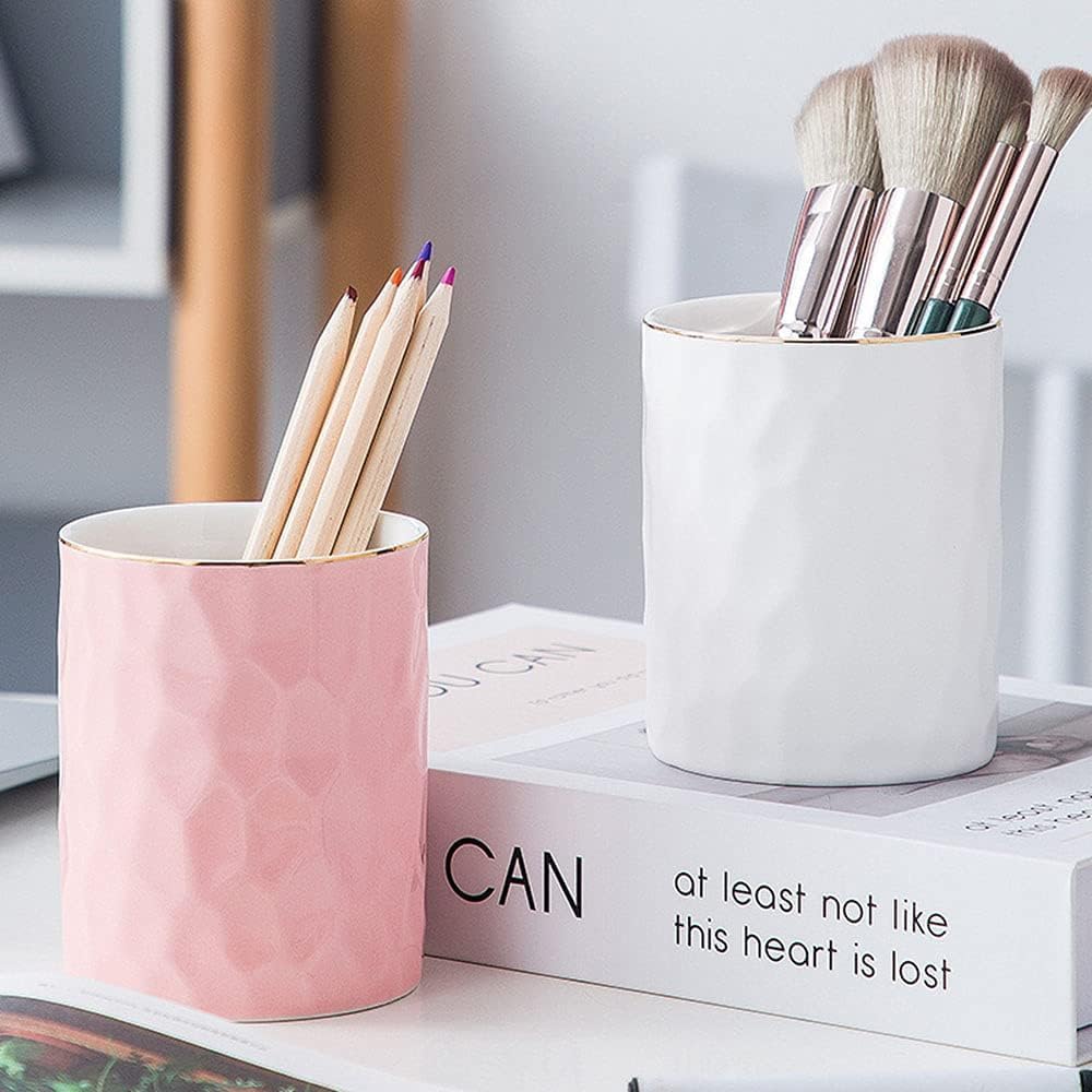 HANKOR Ceramic Pen Holder Cup Pencil Holder for Desk, Makeup Brush Holder Organizer for Office Home, White