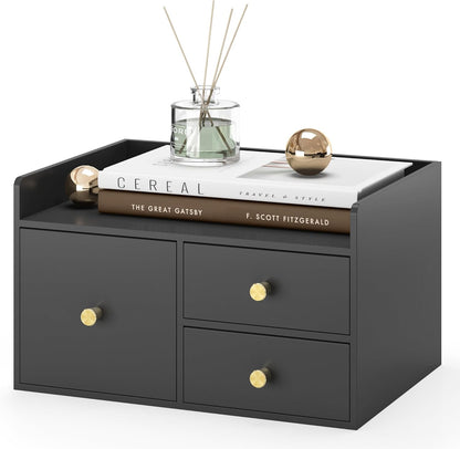 Bamboo Desk Organizer with Drawers Wooden Desktop Storage Organization Box for Bills Office Supplies Kitchen Utensils Organizing Tool for Home Classroom Vanity, No Assembly Required (3 Drawer, Black)
