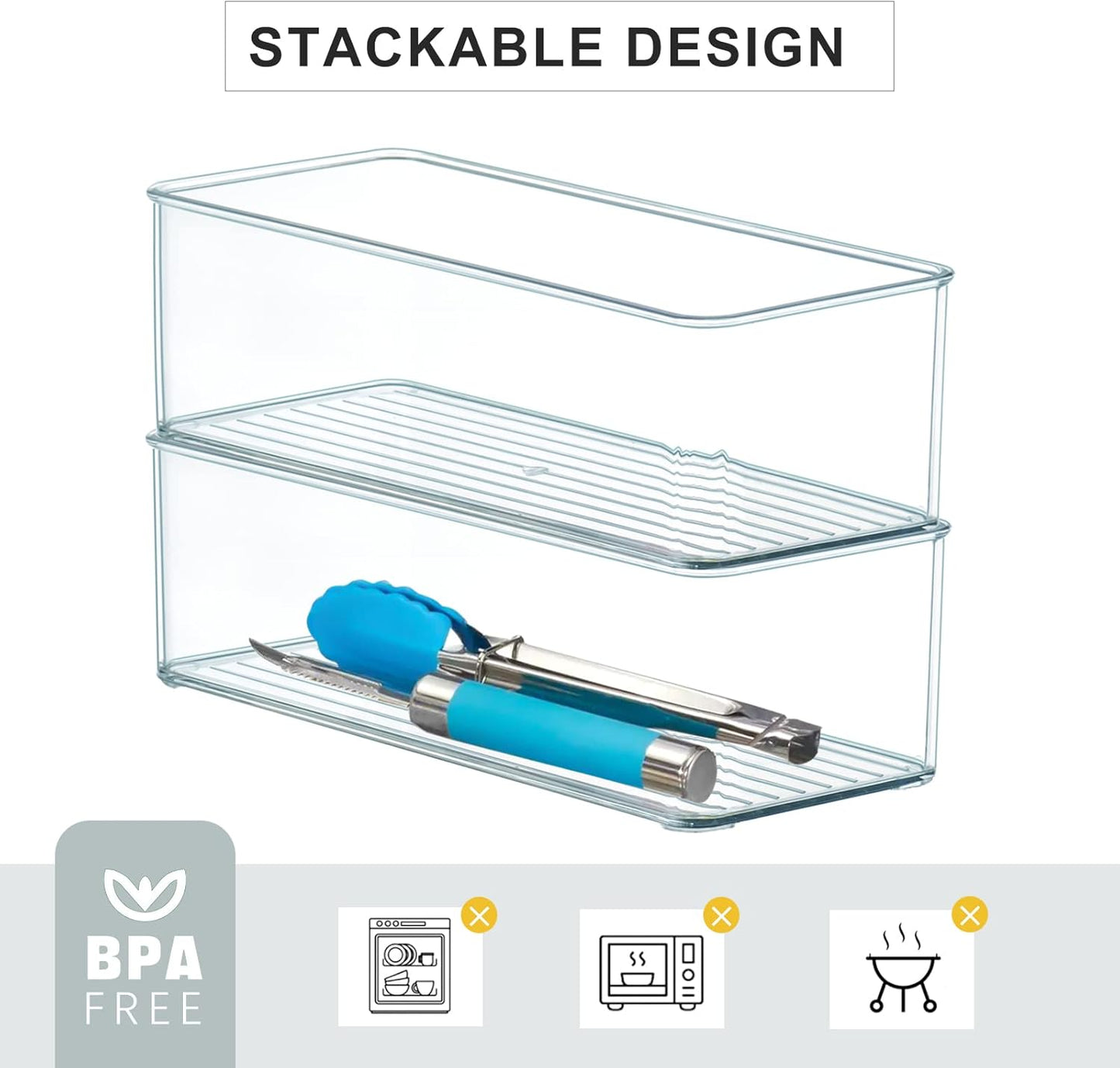 Hudgan 8 Pack Clear Plastic Drawer Organizer Bins Set, Stackable Cutlery Storage Bins Trays for Organizing Kitchen, Bathroom, Office, Crafts, Gadgets, Cabinet Supplies