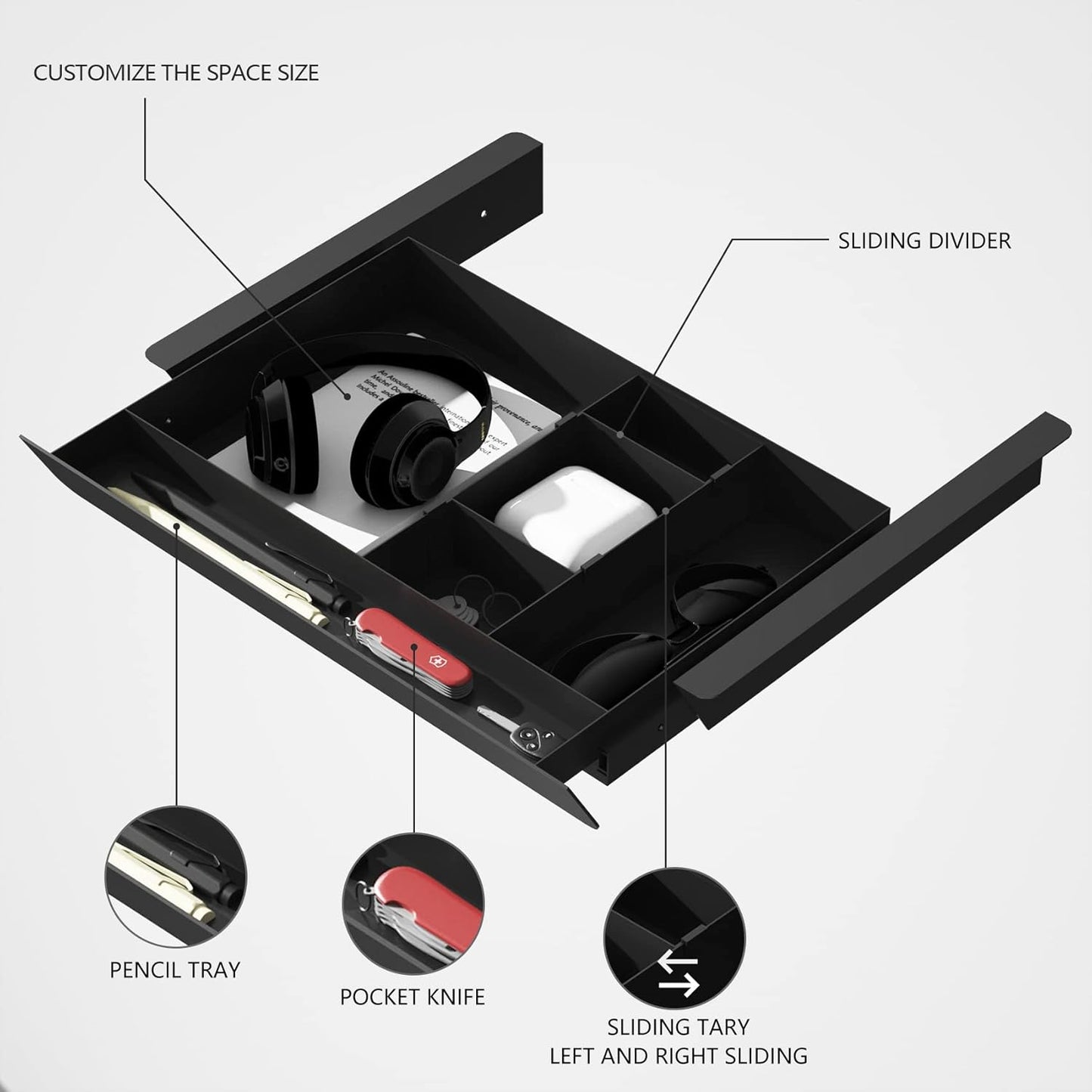 Under Desk Mounted Sliding Pull-out Drawer with Pencil Tray and Slide Storage Tray, 17'' long & 13.5'' deep Large Storage Organizer for Sit Stand Workstation
