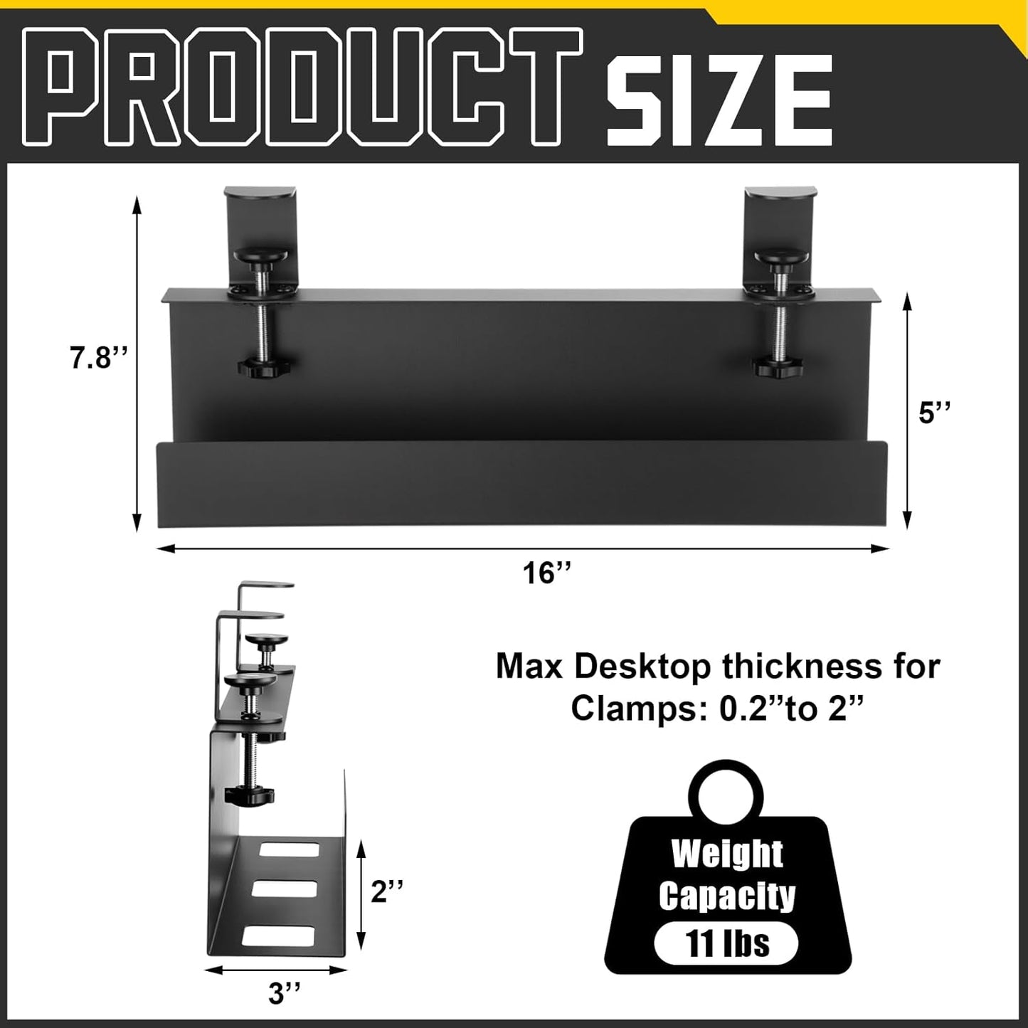 16×5×3 Inch No Drill Clamp-on Power Strip Cable Management Tray Under Standing Desk Steel Cable Organizer Wire Cord Tamer for Office, Home, Garage(Black)