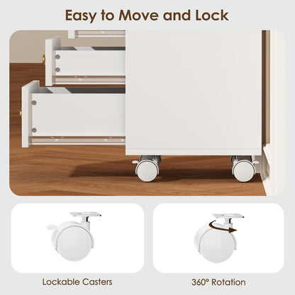 JanlyHome Under Desk Storage, 4 Drawer Small File Cabinet, Chest of Drawer with Glass Top, Mobile Printer Stand with Lockable Wheels for Home Office Study, White