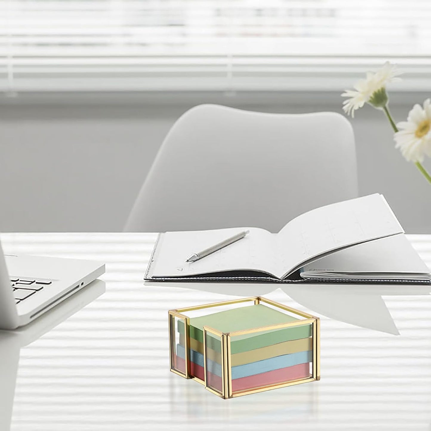BTSKY Golden Glass 3x3 Inch Sticky Note Holder with Pen Slot, Elegant Post It Note Dispenser with Non-Slip Pads Clear Notepad Holder for Desk Organization Planning, Home Office Decor