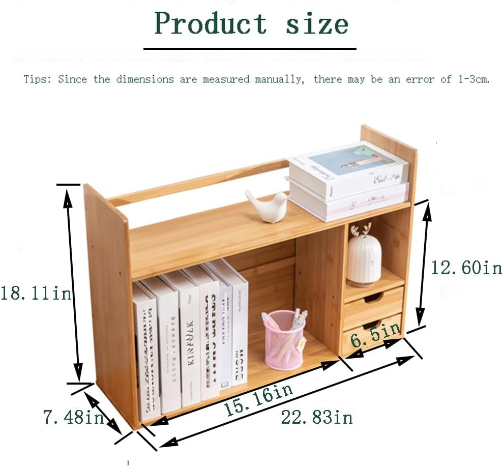 Bamboo Desktop Bookshelf – Small Bookshelf for Desk with Drawers, Double Layer Display Shelf & Desk Hutch Organizer for Office, Dorm & Computer Desk (22.8"x7.5"x18.1")