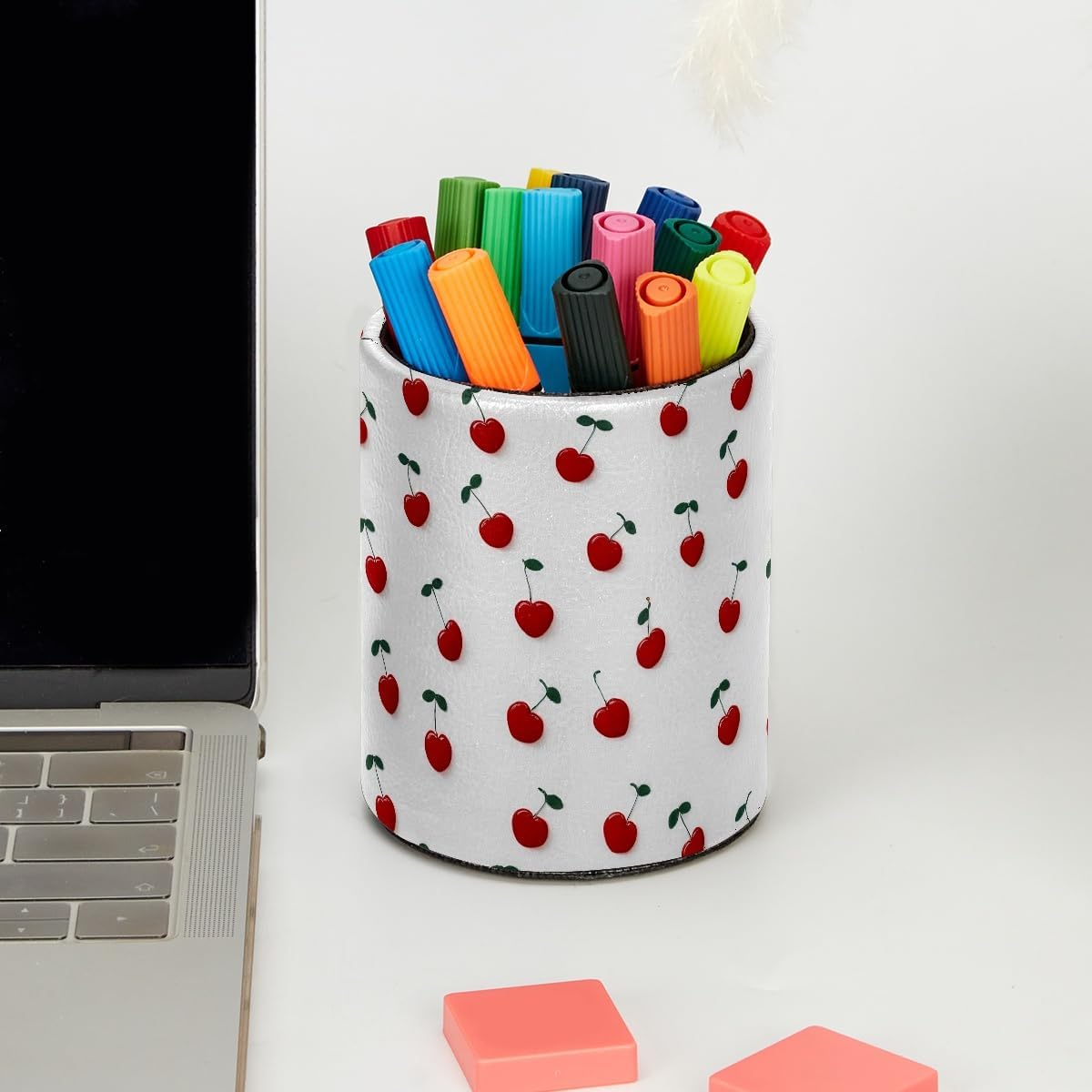 Leather Pen Holder for Desk, Love Cherry Pencil Organizer Pencil Cup Desk Decor Makeup Brush Holder Multifunctional Office Supplies for Home,Office, School