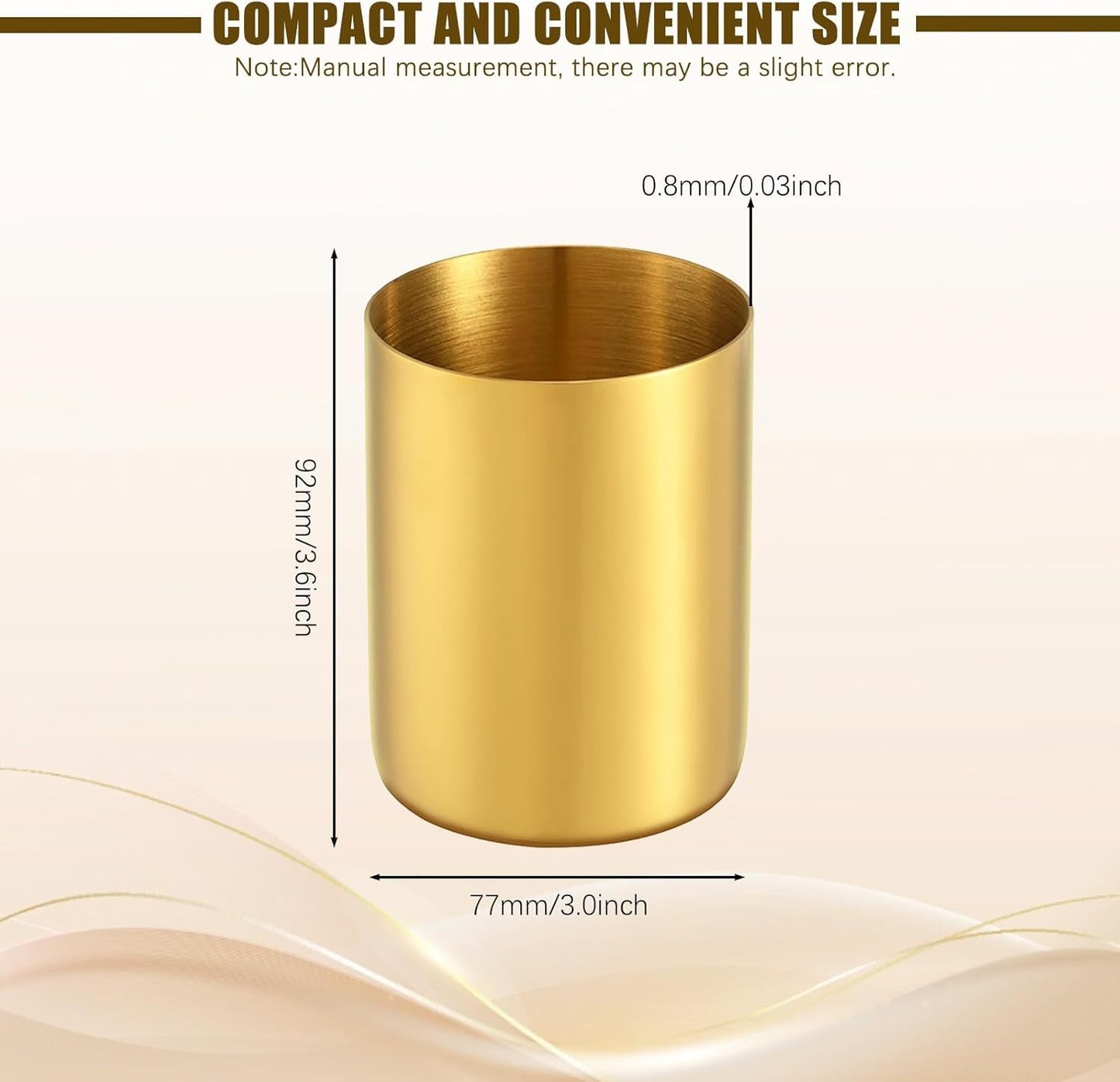 Gold Pen Holder for Desk, 3.9 Inch Stainless Steel Pencil Cup & Makeup Brush Organizer, Multi-Purpose Office and Vanity Desk Accessory for Women, Elegant Gold Home Decor