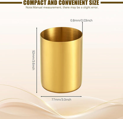 Gold Pen Holder for Desk, 3.9 Inch Stainless Steel Pencil Cup & Makeup Brush Organizer, Multi-Purpose Office and Vanity Desk Accessory for Women, Elegant Gold Home Decor