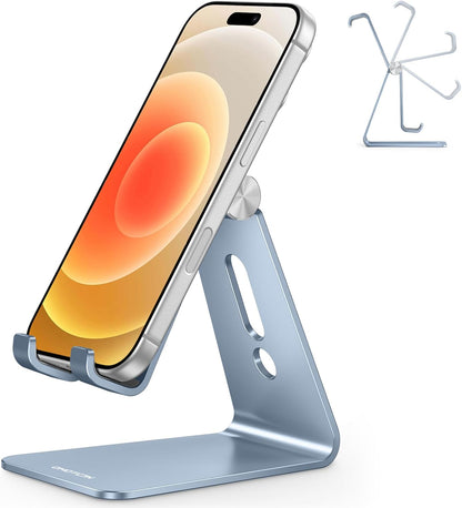 Adjustable Cell Phone Stand, OMOTON Aluminum Desktop Cellphone Stand with Anti-Slip Base and Convenient Charging Port, Fits All Smart Phones, Silver