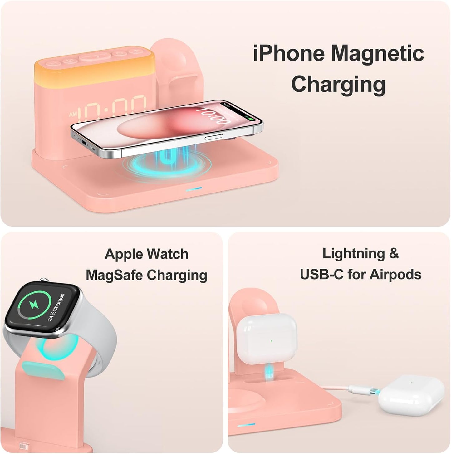 ANJANK Wireless Charging Station,5 in 1 Multiple Charger Stand with Alarm Clock,7 Night Light,Mag-Safe Charging Dock for iPhone 17 16 15 14 13 12 Pro Max Plus,Apple Watch 11/10/9/8,for Airpods,Bedroom