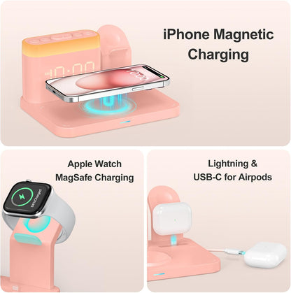 ANJANK Wireless Charging Station,5 in 1 Multiple Charger Stand with Alarm Clock,7 Night Light,Mag-Safe Charging Dock for iPhone 17 16 15 14 13 12 Pro Max Plus,Apple Watch 11/10/9/8,for Airpods,Bedroom