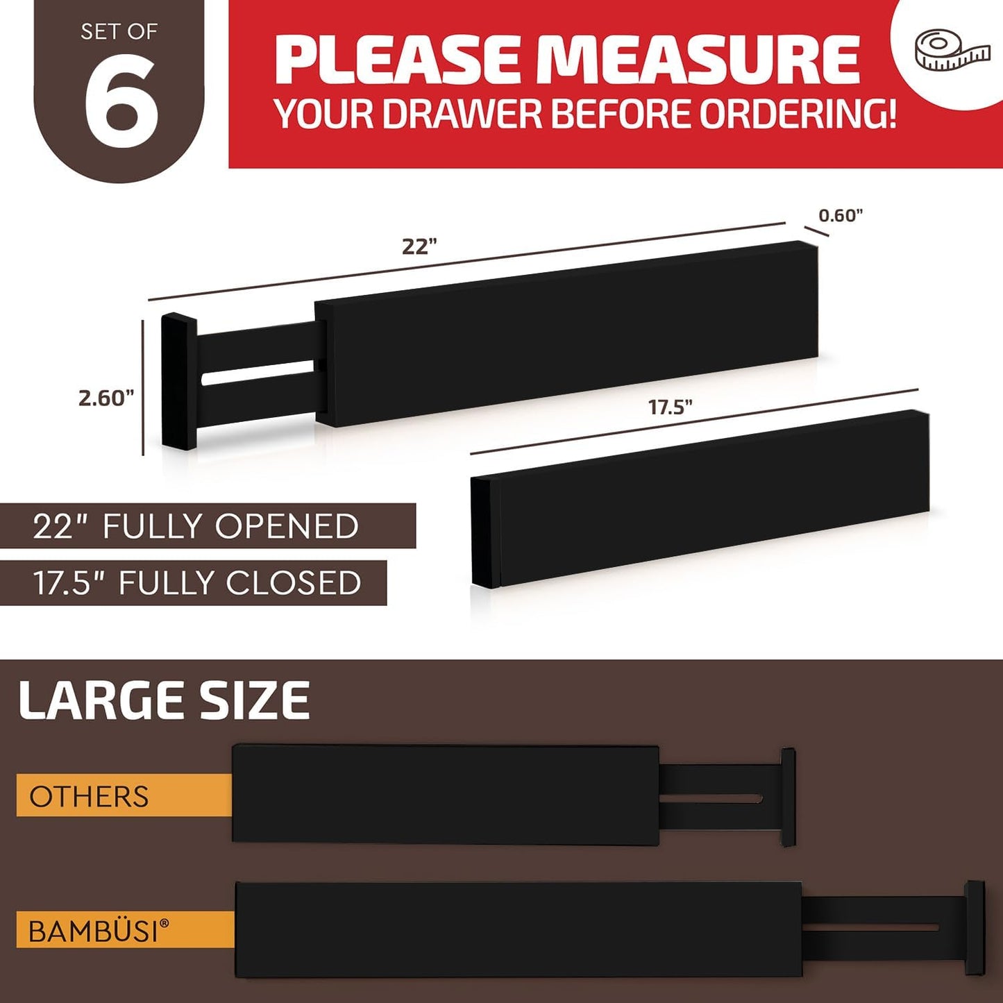 6-Pack Drawer Dividers - 2.6 Inches High, Adjustable 16 to 22 Inches Bamboo Drawer Organizer, Large Expandable Separator for Clothes, Dresser, Bedroom, Bathroom, Baby, Office, Kitchen Utensils, Black