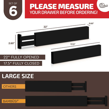 6-Pack Drawer Dividers - 2.6 Inches High, Adjustable 16 to 22 Inches Bamboo Drawer Organizer, Large Expandable Separator for Clothes, Dresser, Bedroom, Bathroom, Baby, Office, Kitchen Utensils, Black