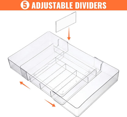 Expandable Drawer Organizer Tray with Adjustable Dividers, Clear PET Storage Box for Office Supplies, Makeup, Jewelry & Vanity, 10 Compartments, 1-Piece Set (10.6" x 15.7", Height 2.3")
