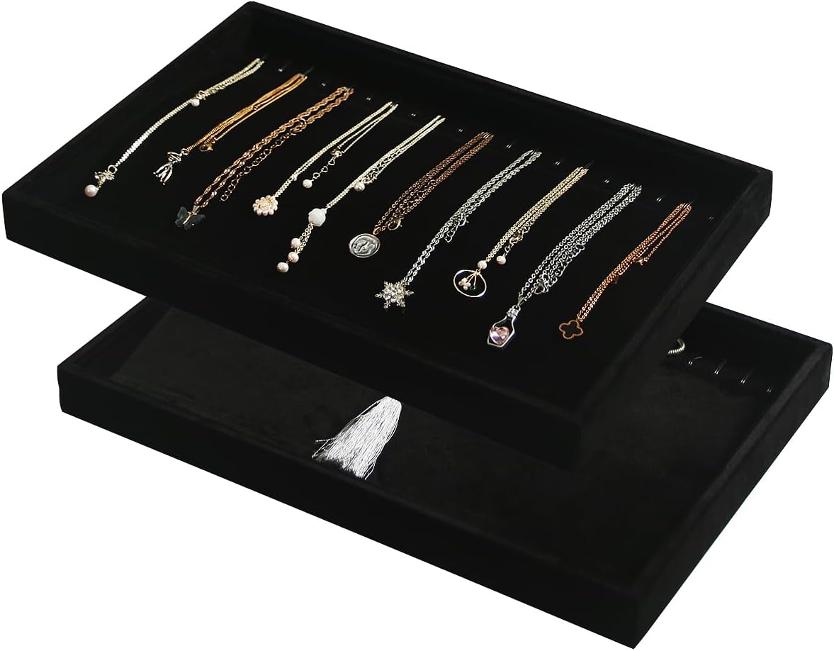 Coward Stackable Jewelry Trays Organizer Set with Clear Lid, Trays for Drawer, Earring Necklace Bracelet Ring Display Organizer (beige(ring+12girds+30girds+The glass lid))