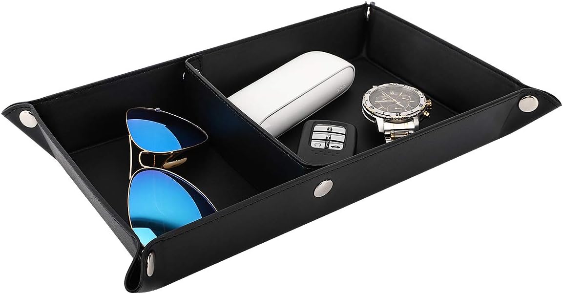 Luxspire Valet tray, PU Leather Tray, Catchall Tray, Men Women Jewelry Key Tray, Desk Storage Plate for Key Coin Phone Jewelry Wallet, Medium Size - Black