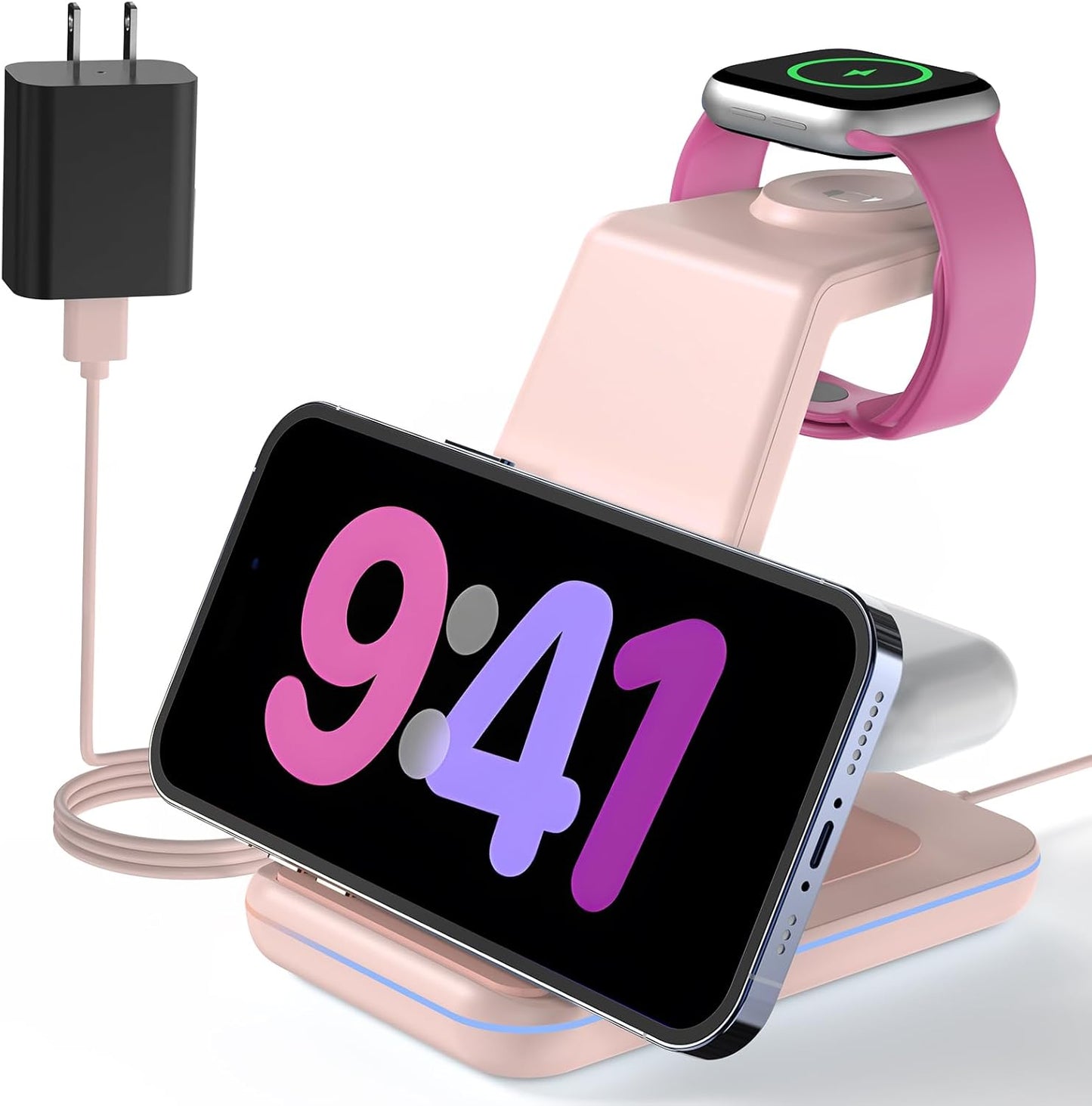 Charging Station for iPhone and Apple Watch: 3 in 1 Wireless Phone Charger Stand for iPhone 17 16 15 14 13 12 11 Pro Max & AirPods, Bedside Nightstand Docking