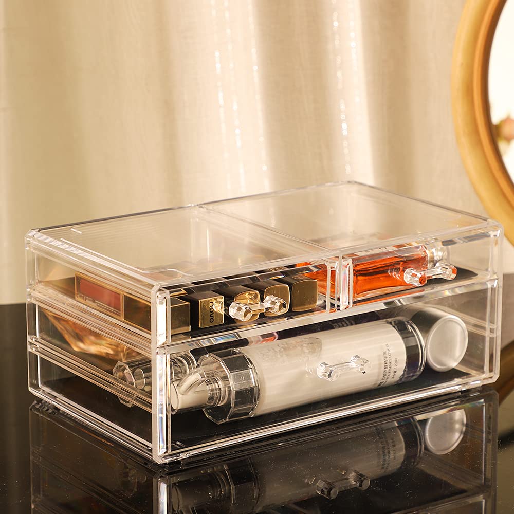 Cq acrylic Drawer Organizer with 3 Long Drawers,Stacking Office Supply Organizer and Desk Pen Storage and Stationary Organizer,Clear Makeup Storage Organizer for Palettes,Cosmetic, Beauty for Vanity