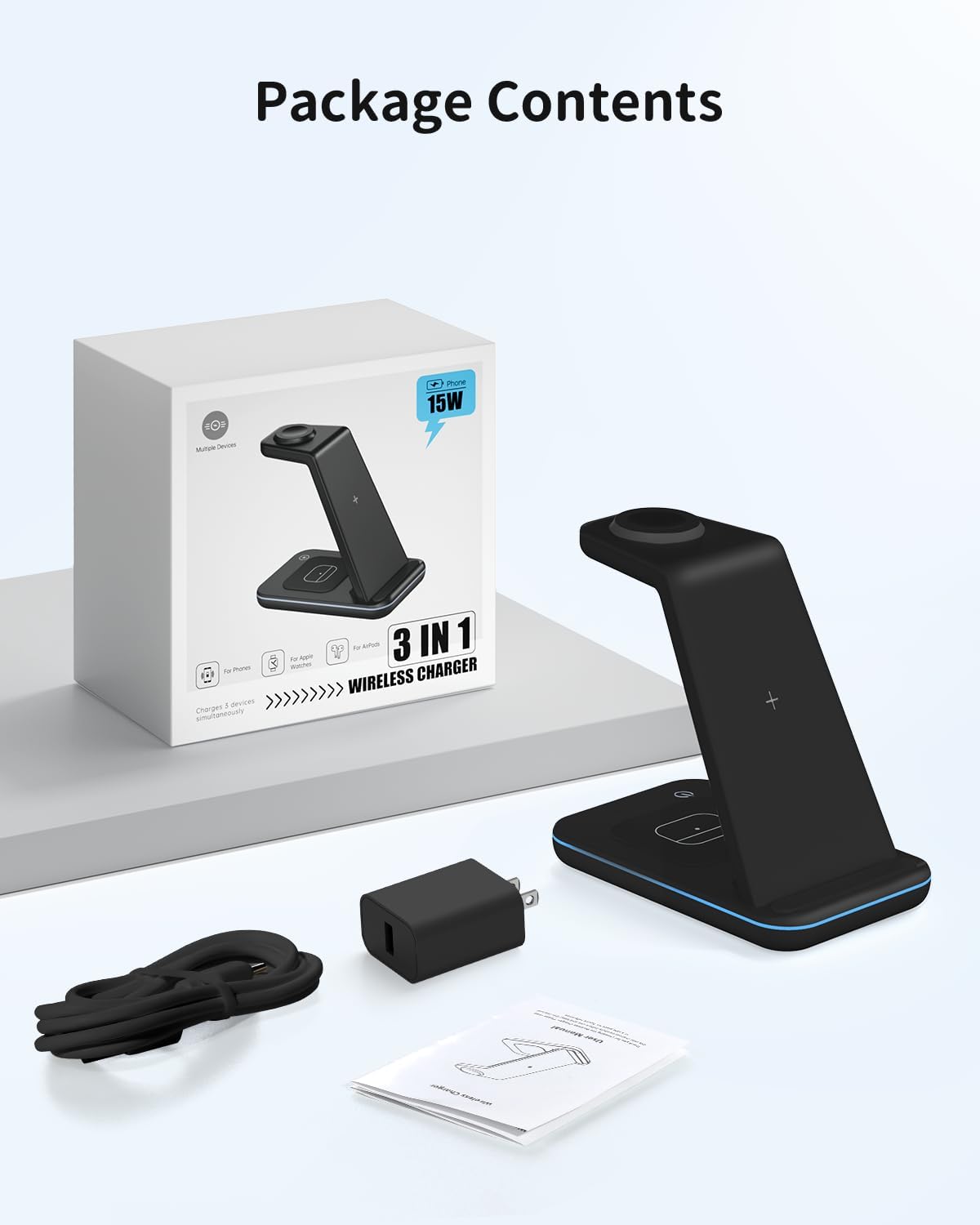 Charging Station for iPhone and Apple Watch: 3 in 1 Wireless Phone Charger Stand for iPhone 17 16 15 14 13 12 11 Pro Max & AirPods, Bedside Nightstand Docking