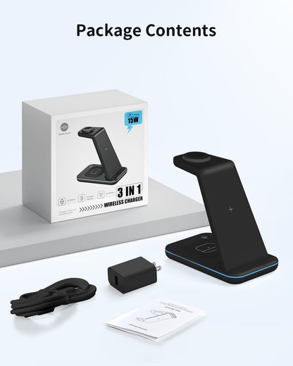 Charging Station for iPhone and Apple Watch: 3 in 1 Wireless Phone Charger Stand for iPhone 17 16 15 14 13 12 11 Pro Max & AirPods, Bedside Nightstand Docking