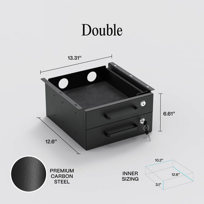 Under Desk Drawer Slide-Out – Lockable Metal Storage Drawers with Cable Management for Office & Home (Double, Bracketed)