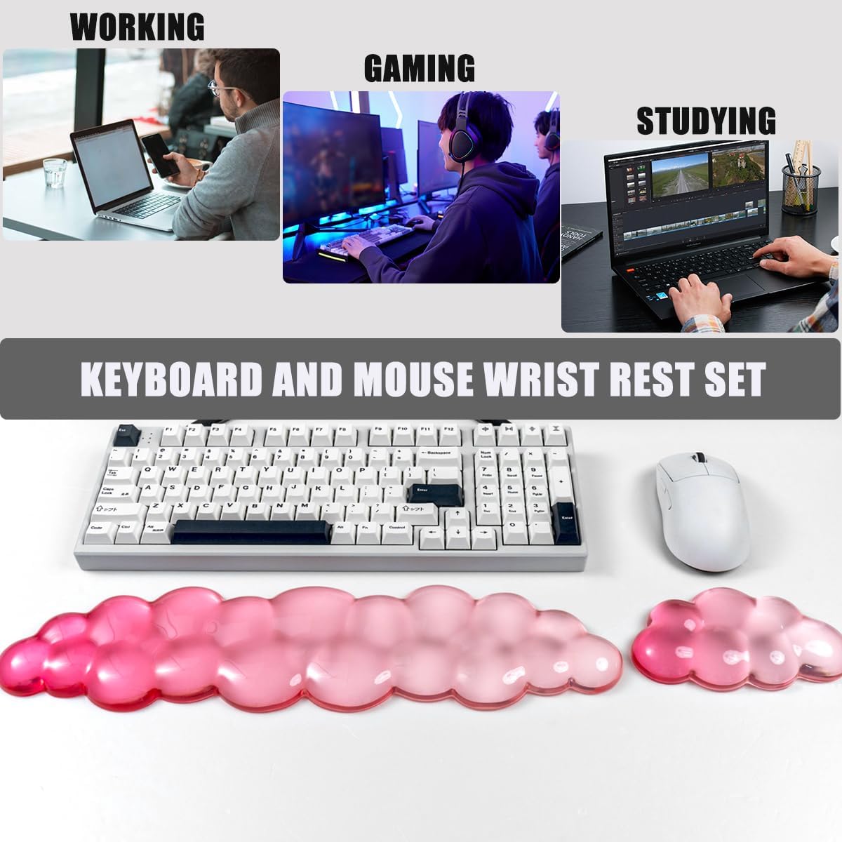 Gel Keyboard and Mouse Wrist Rest Set – Clear Cloud Wrist Rest for Computer Keyboard 60%/68%/75%, Comfort & Support for Typing and Gaming(Purple Green)