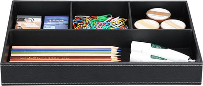 KINGFOM Pu Leather Desk Organizer Tray, 4 Compartment Office Storage Supplies Stationery Drawer Tray, Nightstand Bedside Tray for Key, Wallet, Watch, Coin, Phone Valet Tray Stackable