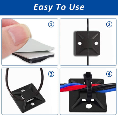 Strong Back-Glue Self Adhesive Cable Zip Tie Mounts Kit - 50 Set Cable Management Clips with 6" Zip Ties, Wire Holders - Outdoor Sticky Wire Organizer Clips-White