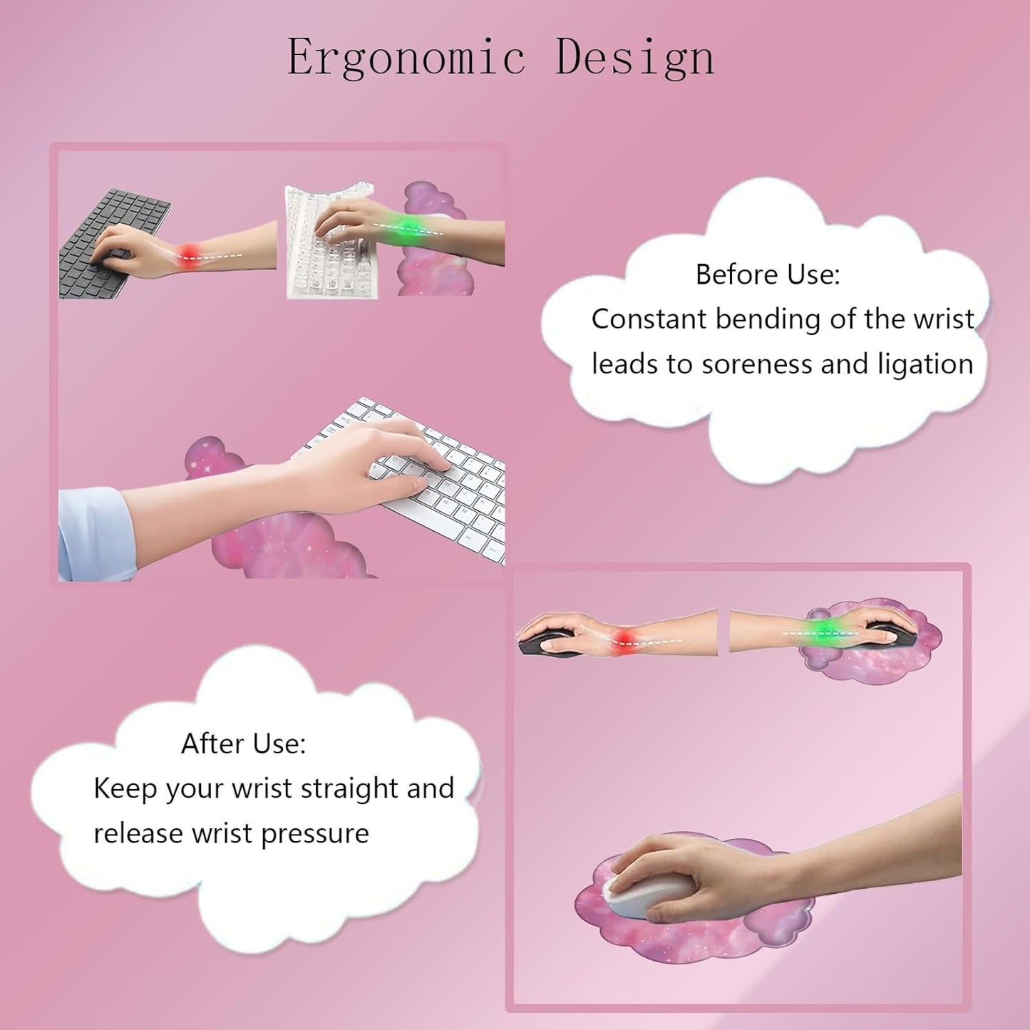 Cloud Wrist Rest Keyboard Pink Mouse Pad Set with Wrist Rest Ergonomic Wrist Pad Memory Foam Non-Slip Base Cute Gradient Wrist Support for Computer Laptop Gaming Home Office Relief Typing Pain