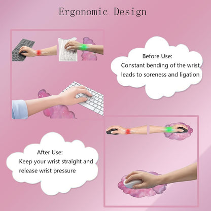 Cloud Wrist Rest Keyboard Pink Mouse Pad Set with Wrist Rest Ergonomic Wrist Pad Memory Foam Non-Slip Base Cute Gradient Wrist Support for Computer Laptop Gaming Home Office Relief Typing Pain