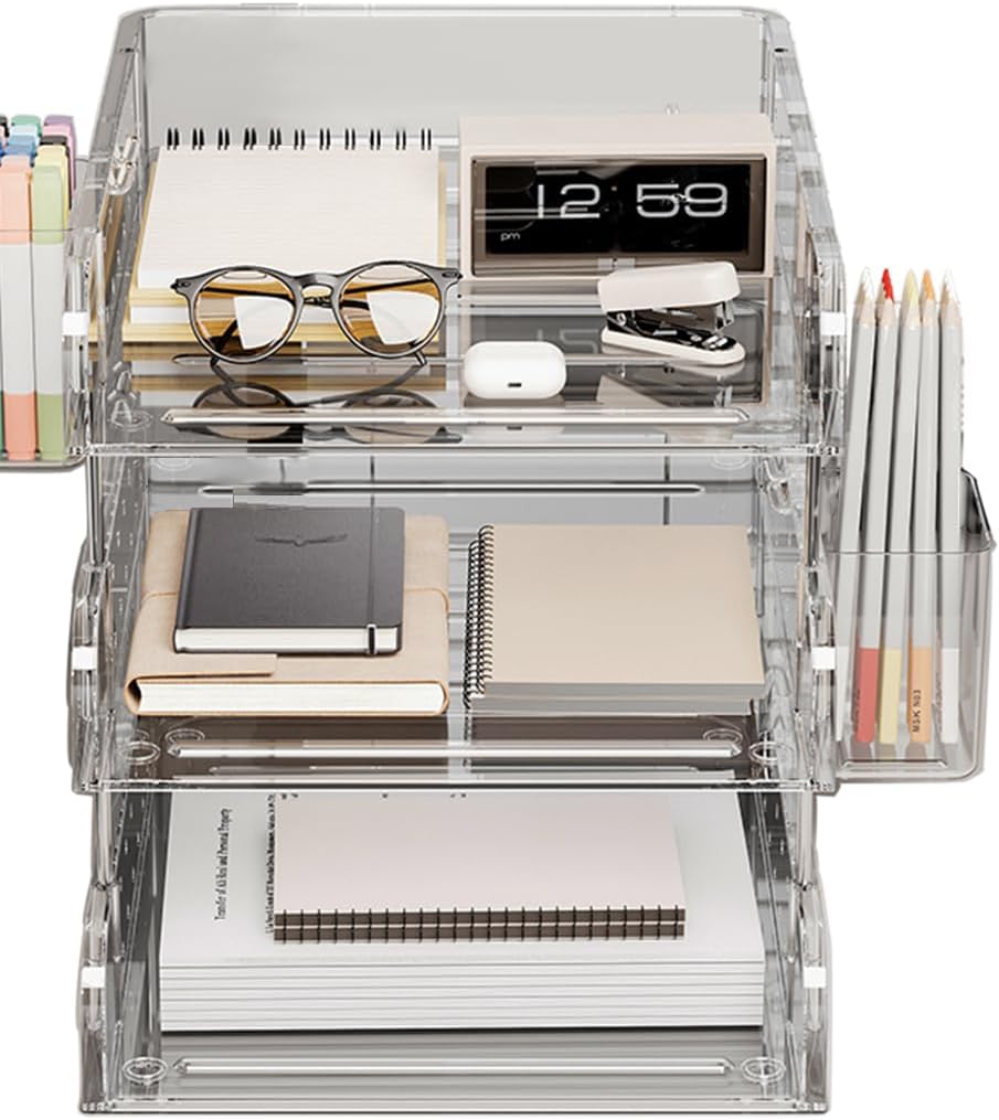 Clear Acrylic Desk Organizer, Multi-Tier Letter Tray with Pen Holder, Office Storage for Documents and Supplies
