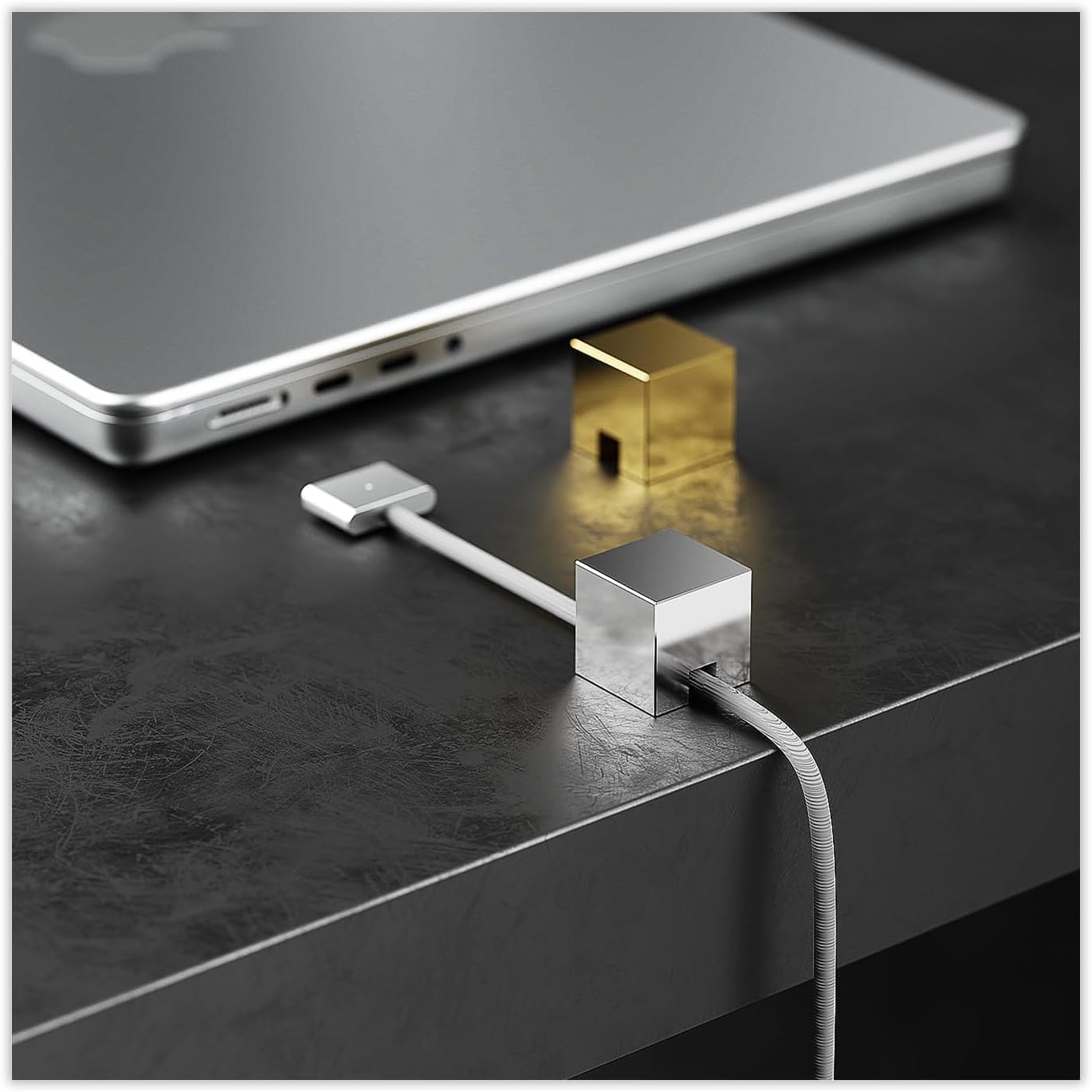 Metal Cord Holder, Weighted Cable Organizer or Management, Heavy Wire Keeper for Nightstand, Desk, Bedside Table - N2U Cube Cords Strap for Lightning, USB-C Phone Charger Cables (Silver - 1 PCS)