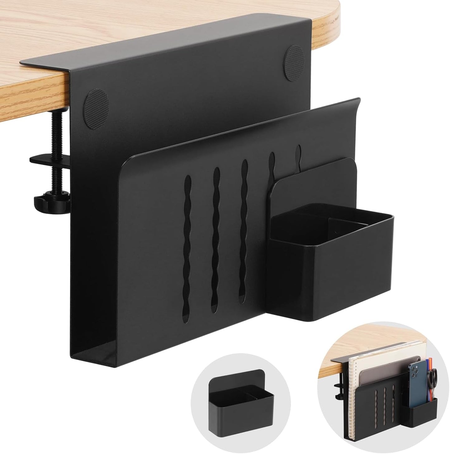 Desk Side Storage, Under Desk Laptop Mount, Table Side Hanging File Organizer, No Drill Clamp On Cable Management Tray, Laptop Holder with Magnetic Pen Holder for Office and Home