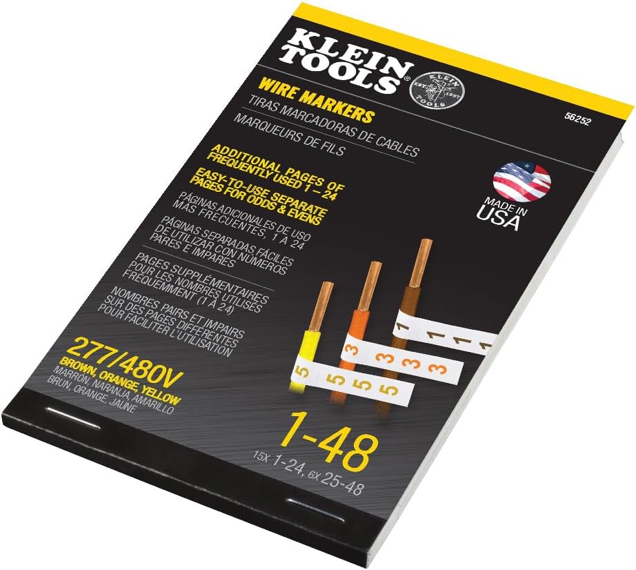 Klein Tools 56250 Wire Marker Book for Cable Management, Electric Panel Organization Wire Label Stickers, Numbered 1-48