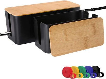 Cable Management Box, 2 Pack Bamboo Lid Large Storage Wires Organizer Holder for Home, Desk, TV, Computer, USB Hub - to Cover Hide Surge Protector Conceal Power Strips & Cords (Black)